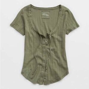NWT Olive Green Pointelle Sneak Peek Tie Tee, Aerie size Medium